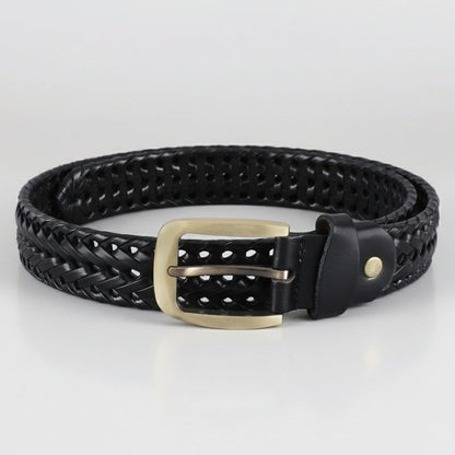 Weave Braided Mens Leather Belt Rolled Front Black