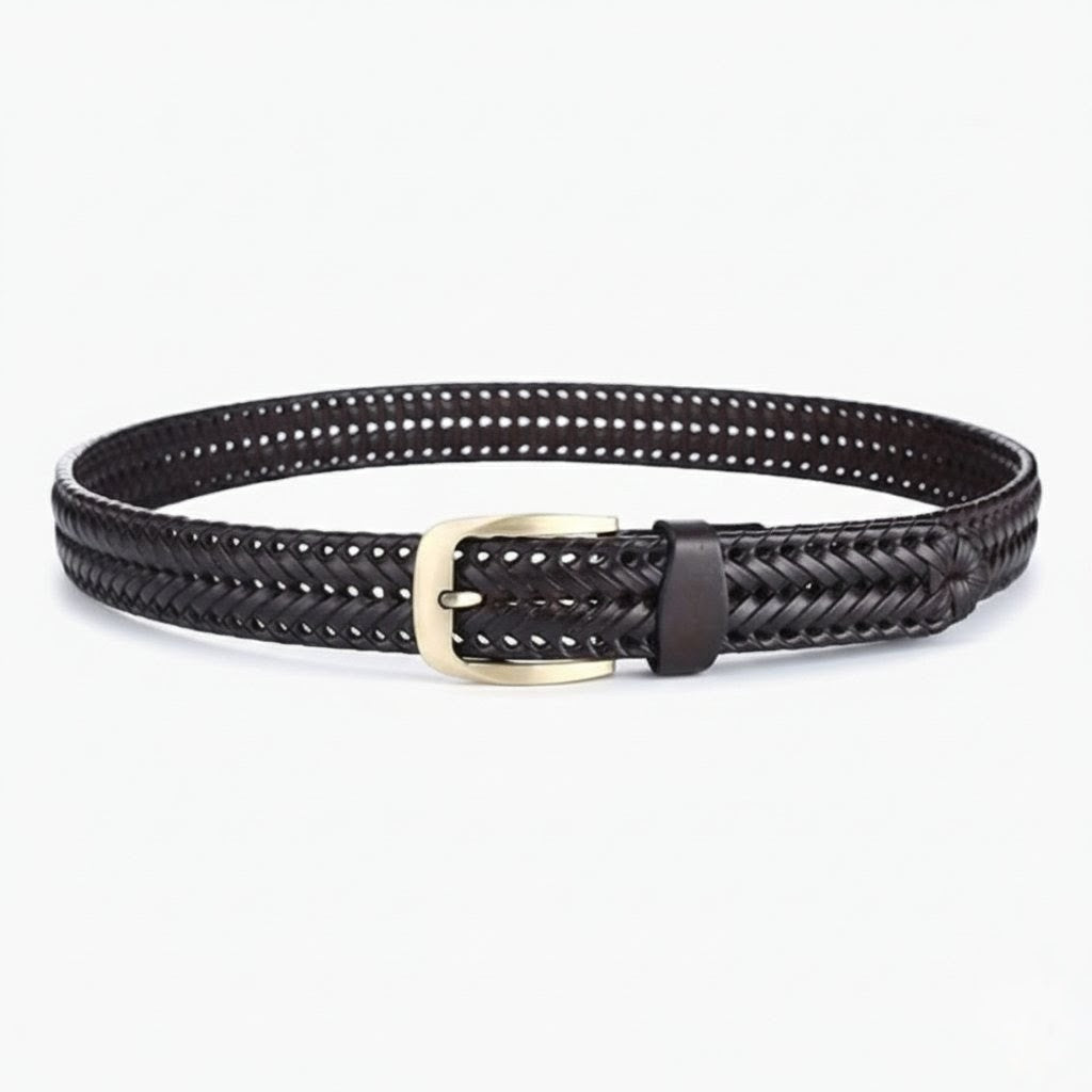 Weave Braided Mens Leather Belt Rolled Front Mahogany Brown