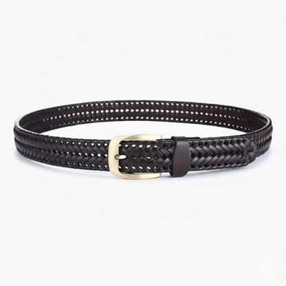 Weave Braided Mens Leather Belt Rolled Front Mahogany Brown