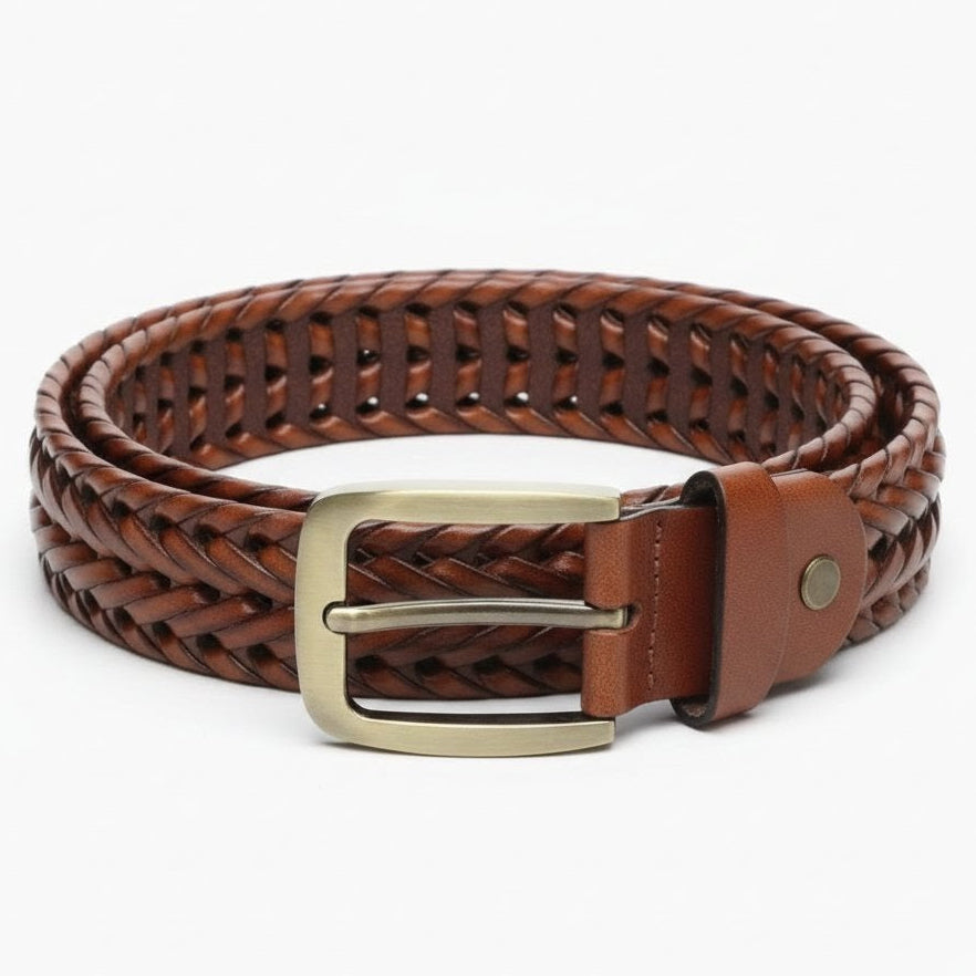 Weave Braided Mens Leather Belt Rolled Front Tan