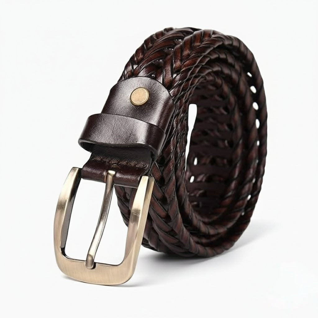 Weave Braided Mens Leather Belt Rolled Mahogany Brown