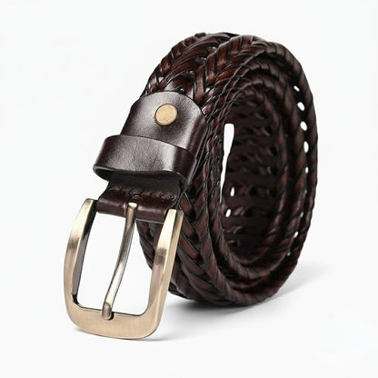 Weave Braided Mens Leather Belt Rolled Mahogany Brown