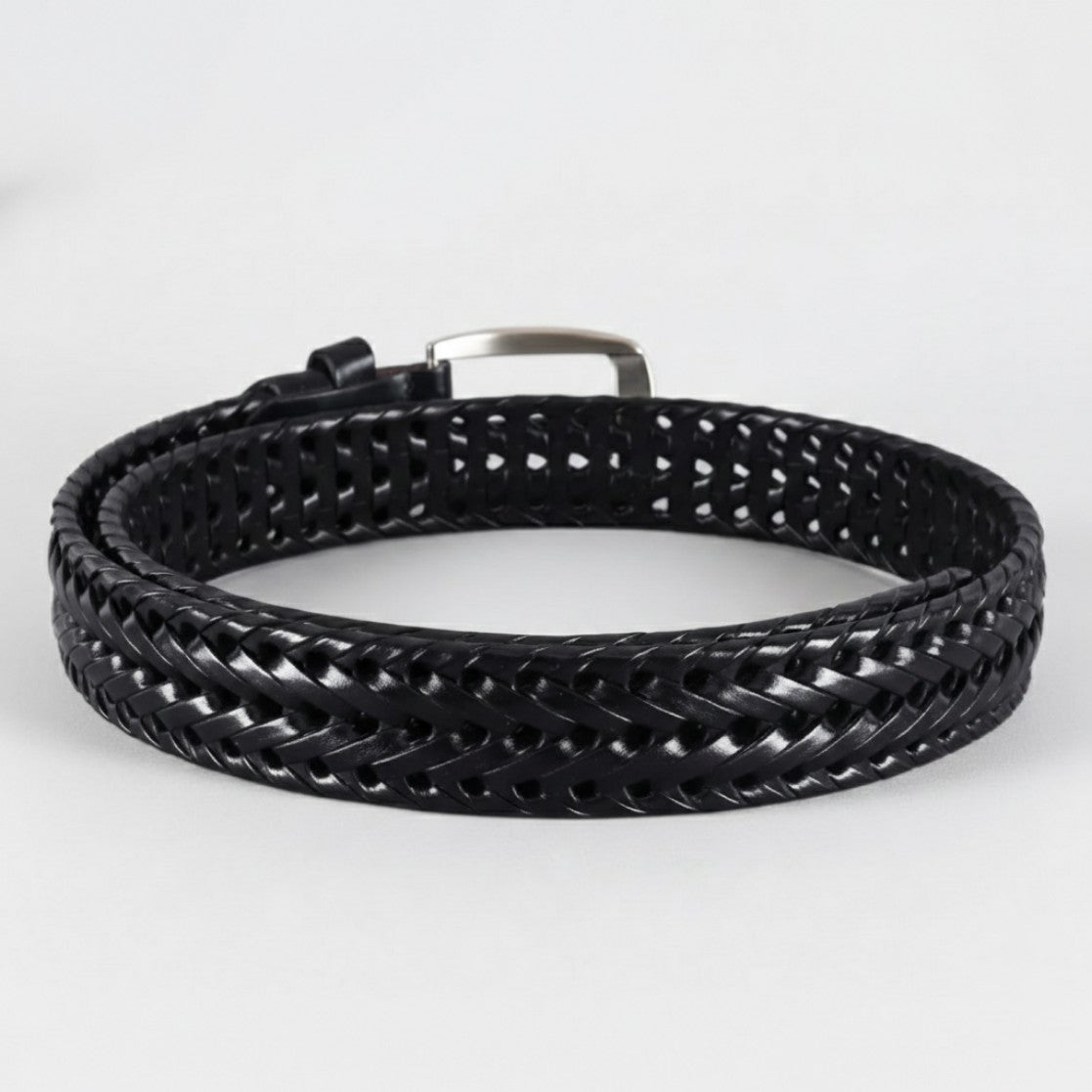 Weave Braided Mens Leather Belt Rolled Rear Black