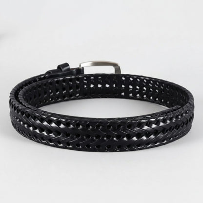 Weave Braided Mens Leather Belt Rolled Rear Black
