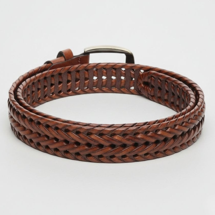 Weave Braided Mens Leather Belt Rolled Rear Tan