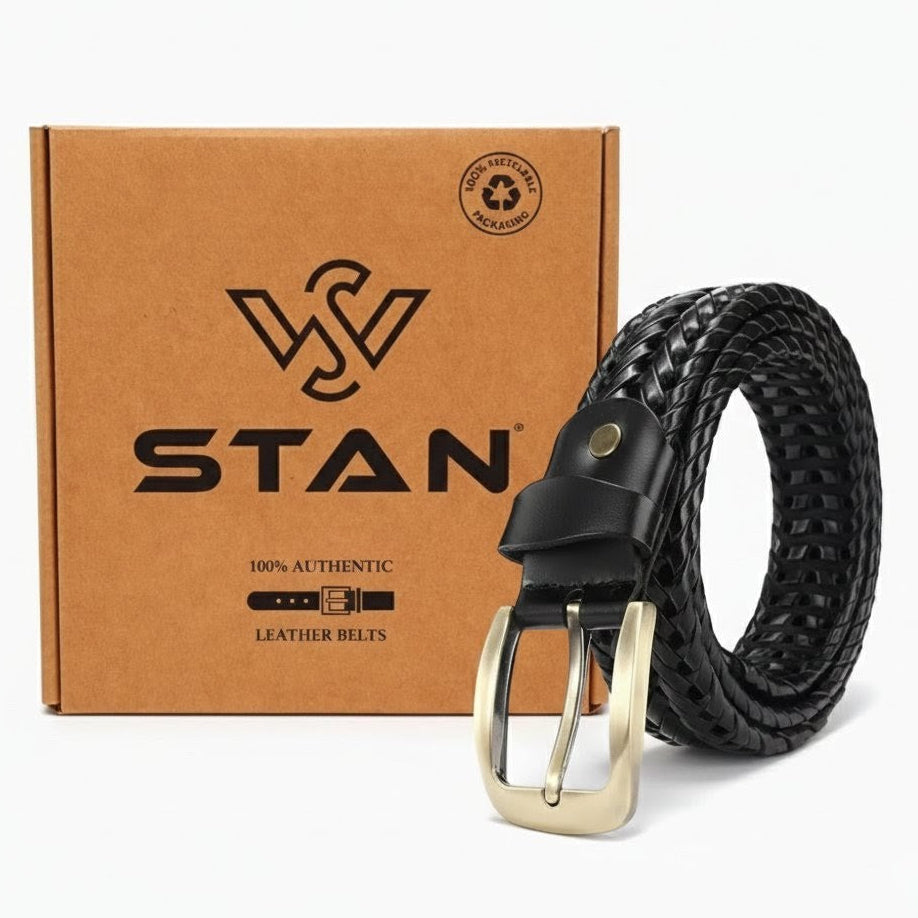 Weave Braided Mens Leather Belt Rolled with Box Black