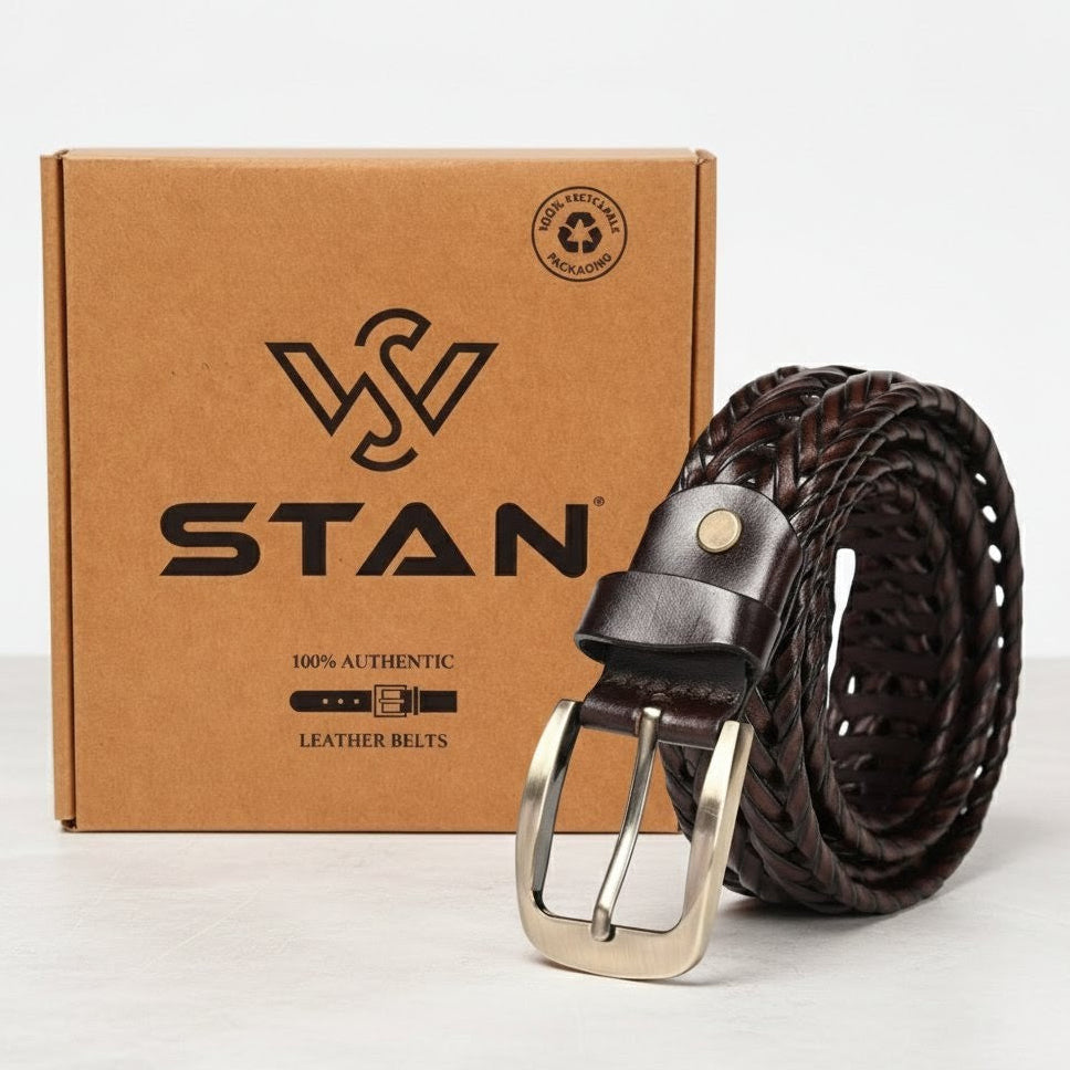 Weave Braided Mens Leather Belt Rolled with Box Mahogany Brown