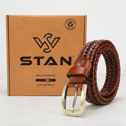 Weave Braided Mens Leather Belt Rolled with Box Tan