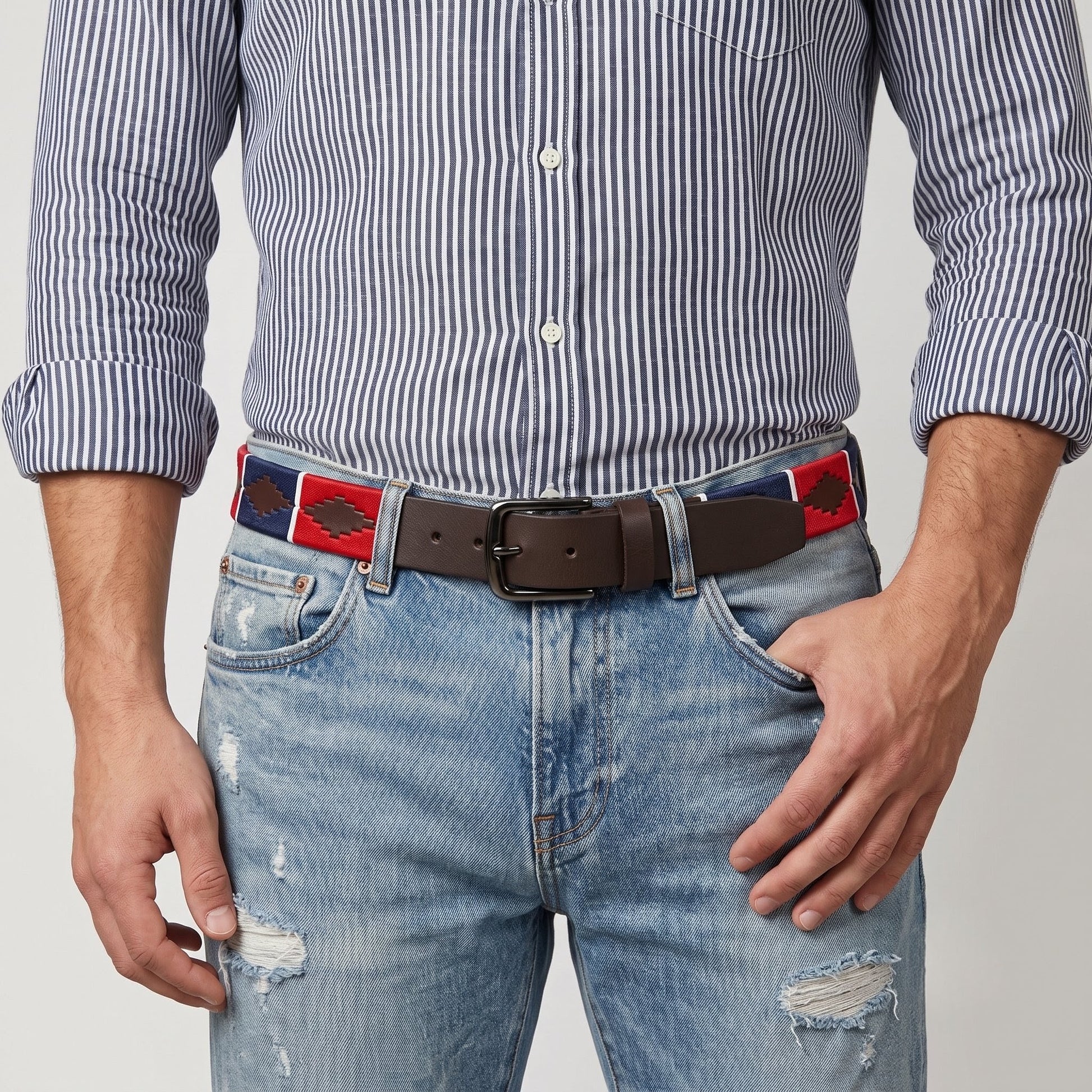 Windsor Polo Mens Leather Belt Front view model Espresso Brown