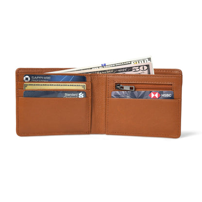 Winston Mens Slim Full Grain Leather Wallet RFID with Zipper Pocket Open Cash Cognac