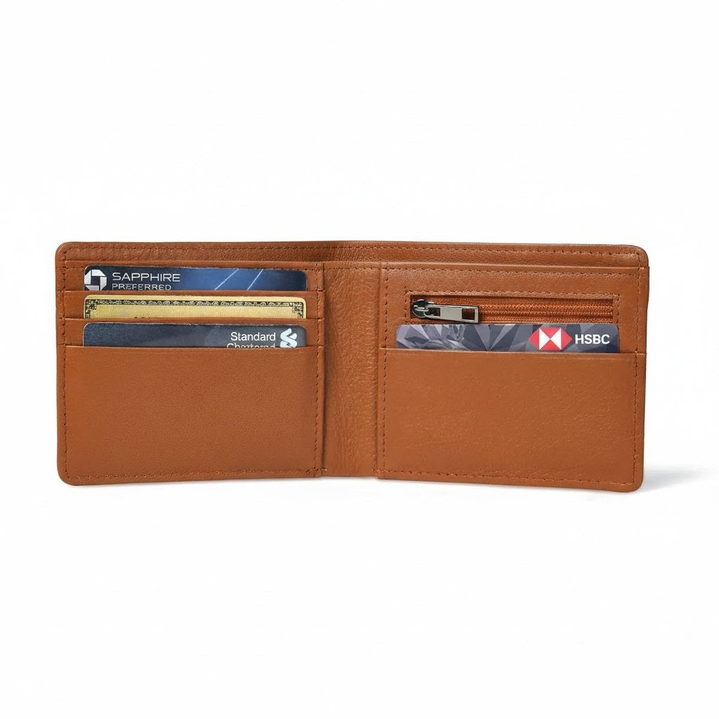 Winston Mens Slim Full Grain Leather Wallet RFID with Zipper Pocket Open Cognac
