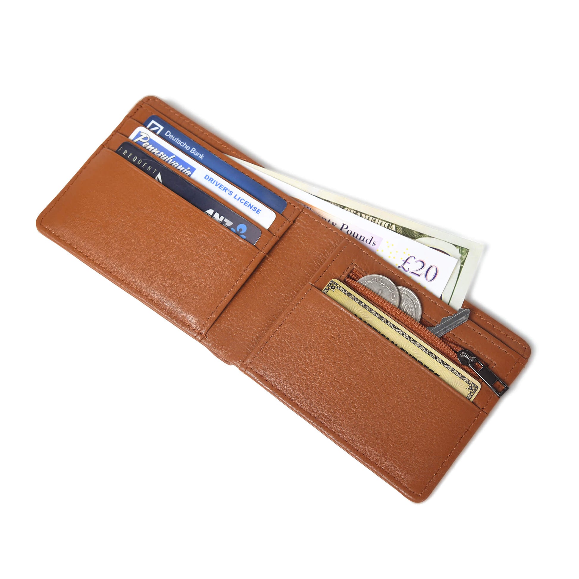 Winston Mens Slim Full Grain Leather Wallet RFID with Zipper Pocket Open Flatlay Cognac