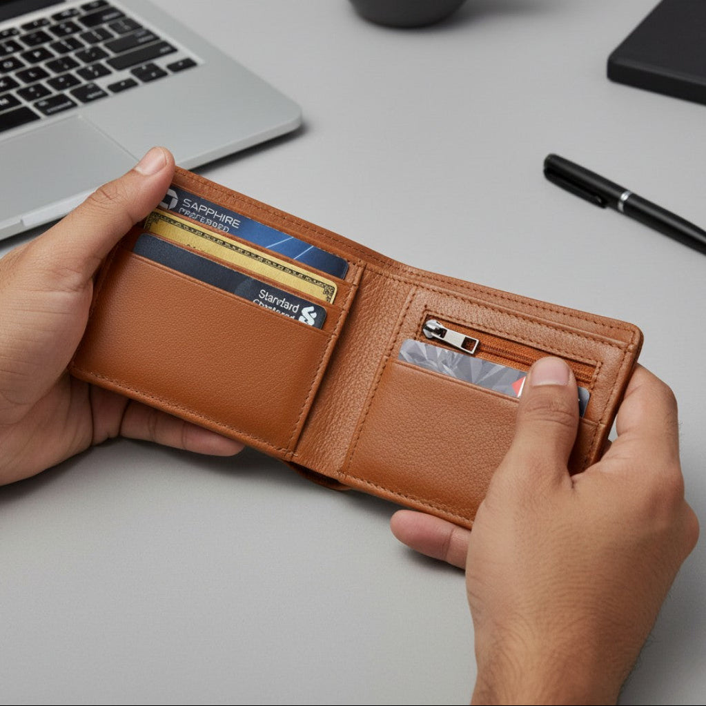 Winston Mens Slim Full Grain Leather Wallet RFID with Zipper Pocket Open Hero Cognac