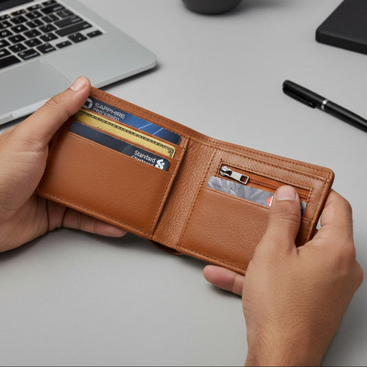 Winston Mens Slim Full Grain Leather Wallet RFID with Zipper Pocket Open Hero Cognac