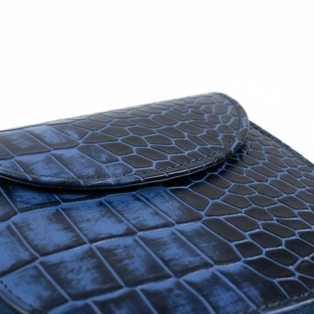 Zyra Elite Hand Burnished Croc Leather Womens Zip Around Wallet Flap Closeup Steel Blue