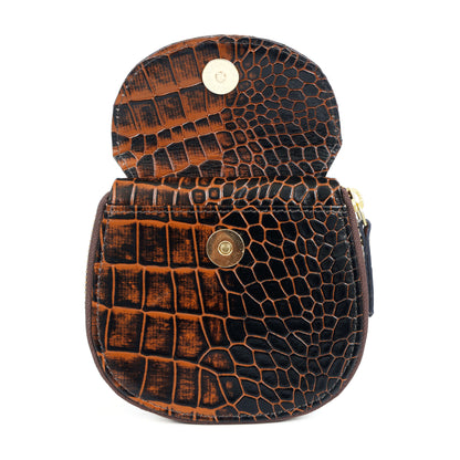 Zyra Elite Hand Burnished Croc Leather Womens Zip Around Wallet Flap Open Burnt Cognac