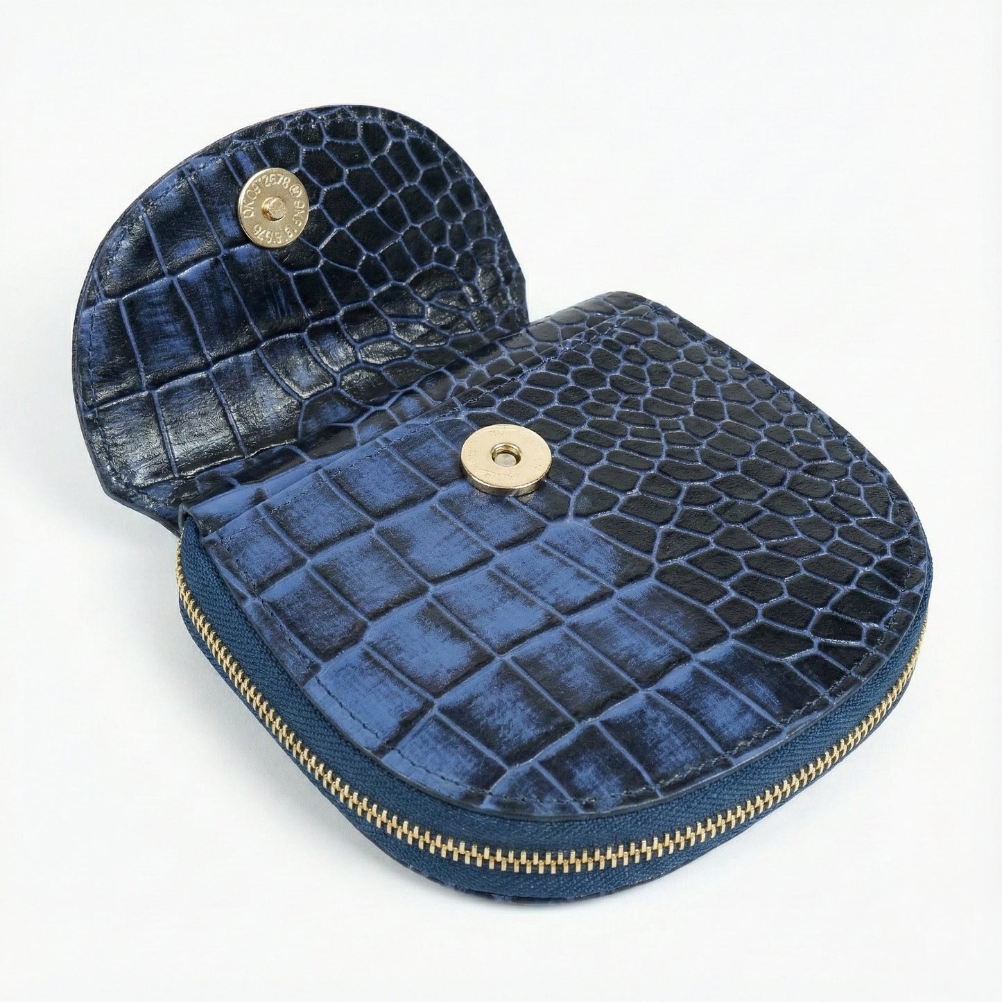 Zyra Elite Hand Burnished Croc Leather Womens Zip Around Wallet Flap Open Flat Lay Steel Blue