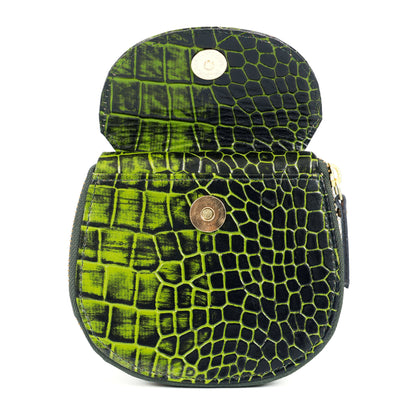 Zyra Elite Hand Burnished Croc Leather Womens Zip Around Wallet Flap Open Moss Green