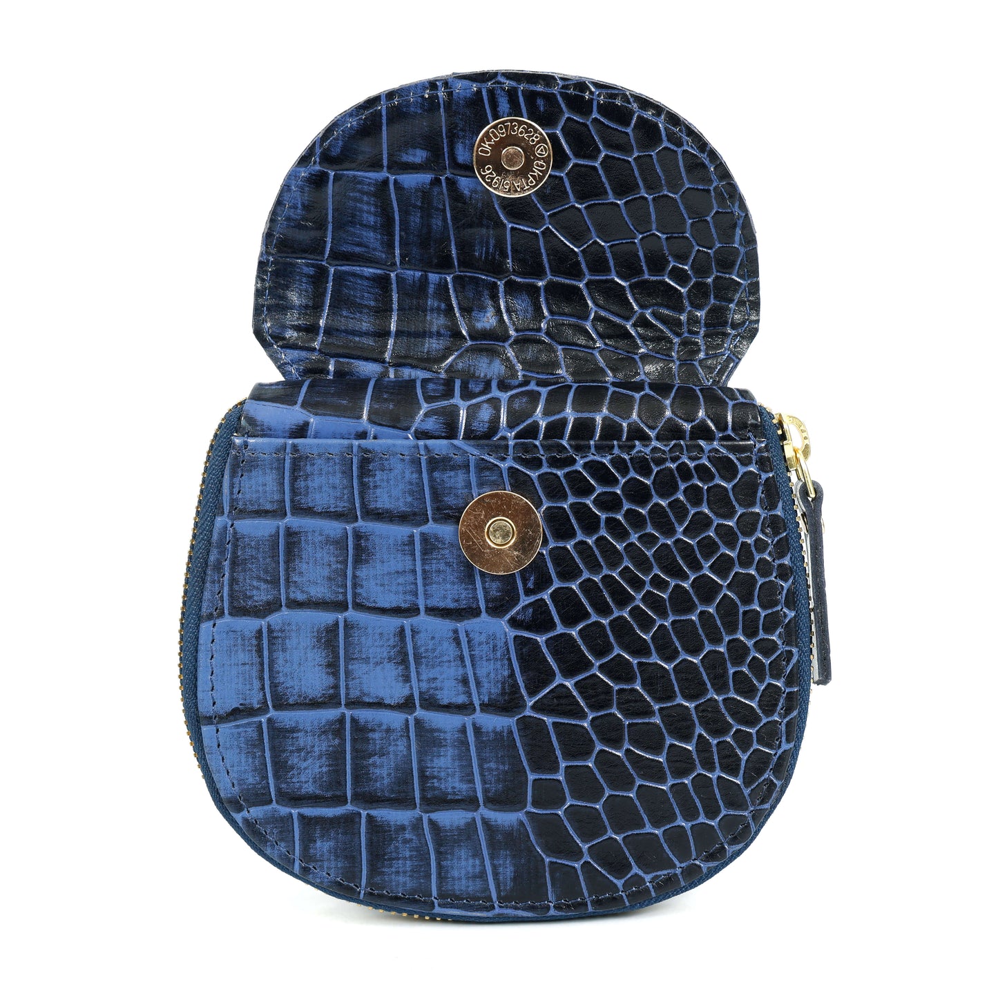 Zyra Elite Hand Burnished Croc Leather Womens Zip Around Wallet Flap Open Steel Blue