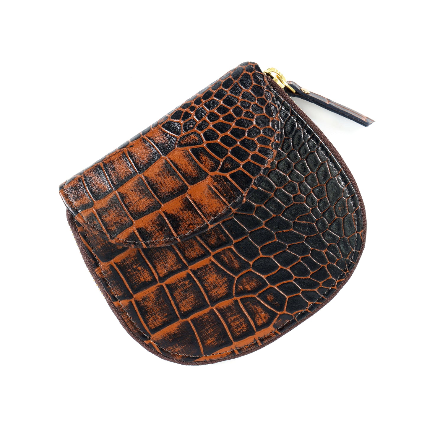 Zyra Elite Hand Burnished Croc Leather Womens Zip Around Wallet Front Burnt Cognac