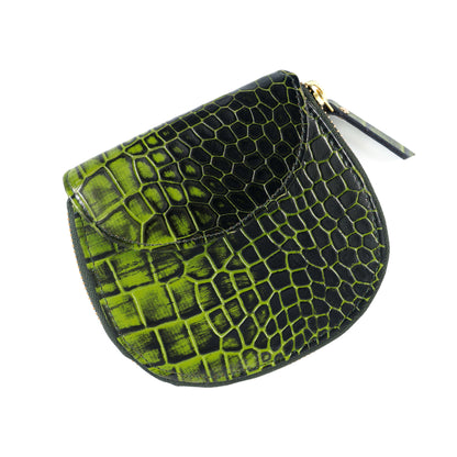 Zyra Elite Hand Burnished Croc Leather Womens Zip Around Wallet Front Moss Green