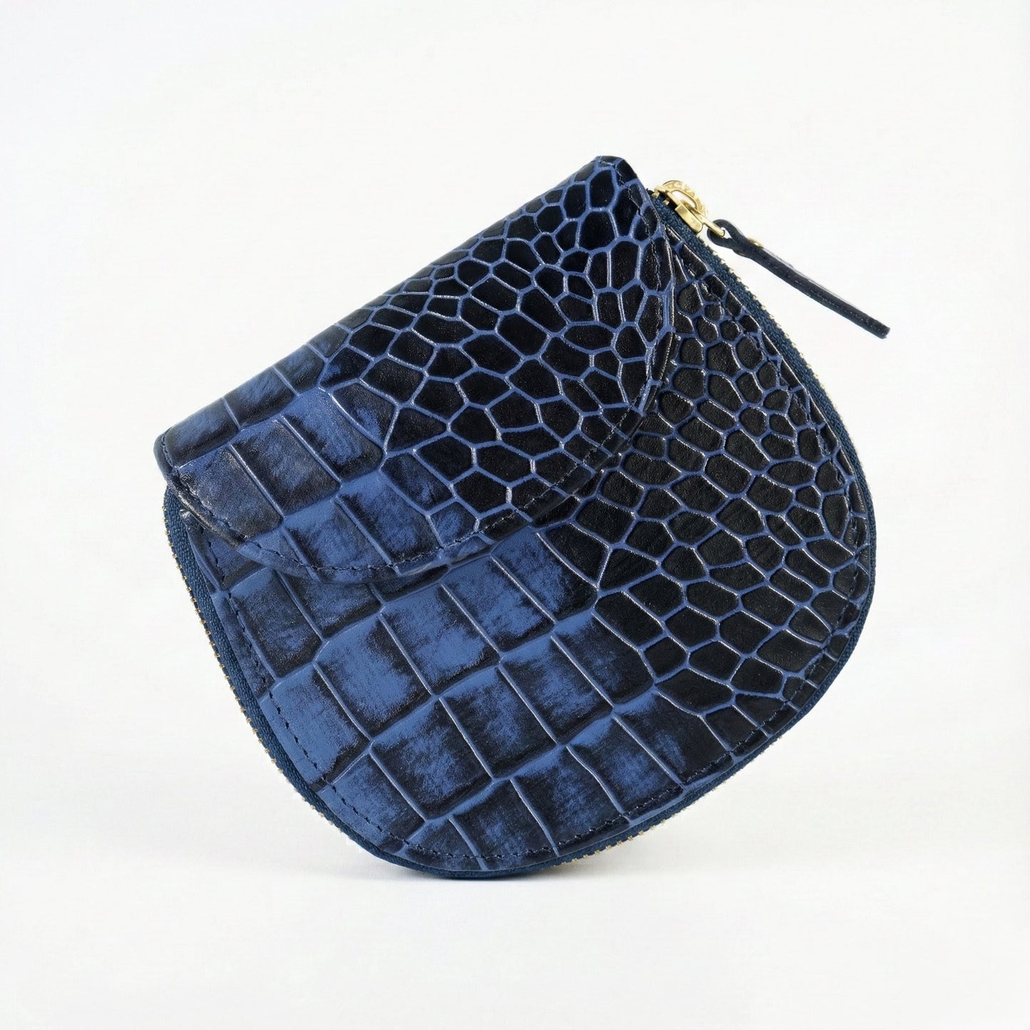 Zyra Elite Hand Burnished Croc Leather Womens Zip Around Wallet Front View Steel Blue