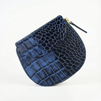 Zyra Elite Hand Burnished Croc Leather Womens Zip Around Wallet Front View Steel Blue