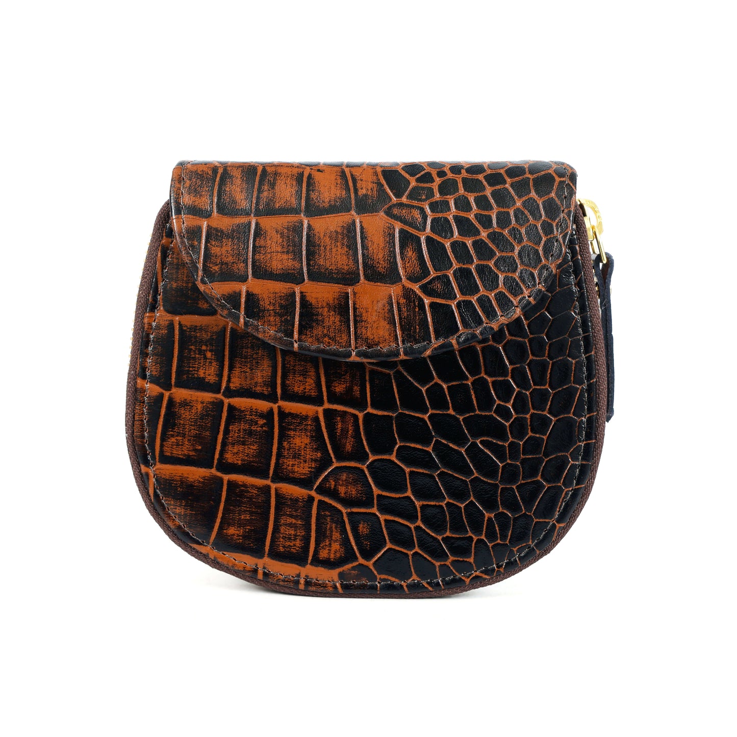 Zyra Elite Hand Burnished Croc Leather Womens Zip Around Wallet Main Burnt Cognac