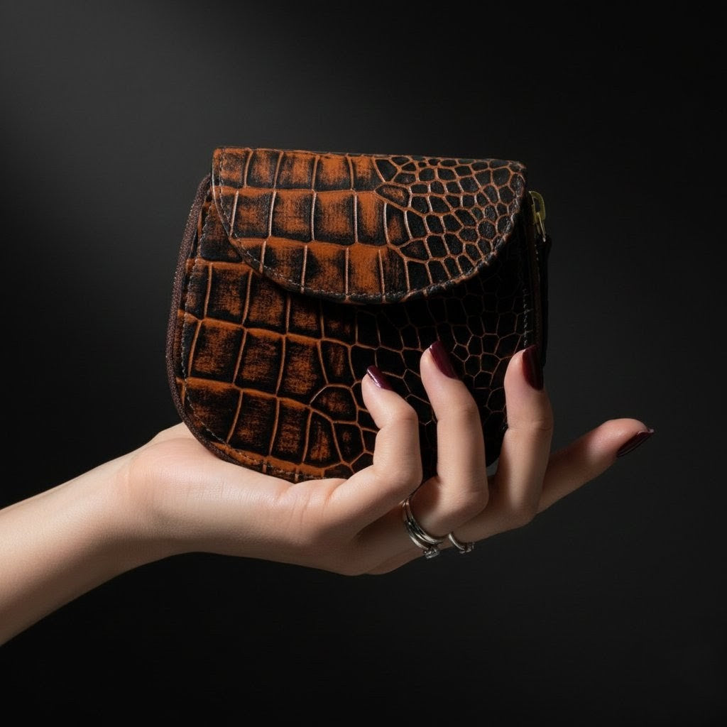 Zyra Elite Hand Burnished Croc Leather Womens Zip Around Wallet Main Hero Burnt Cognac