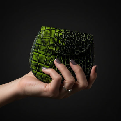 Zyra Elite Hand Burnished Croc Leather Womens Zip Around Wallet Main Hero Moss Green