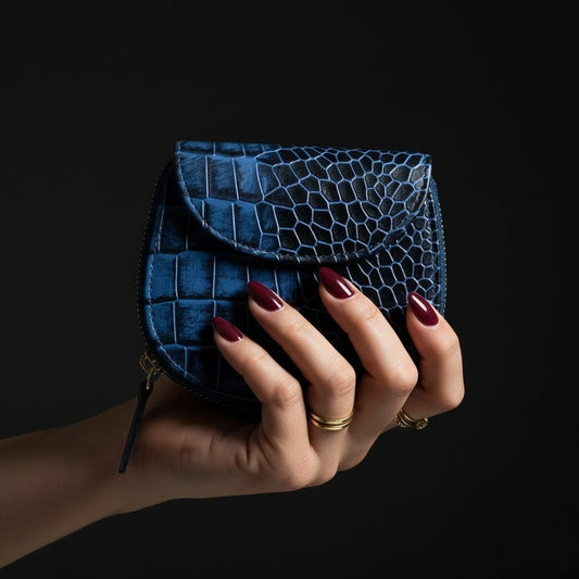 Zyra Elite Hand-Burnished Croc Leather Womens Zip-Around Wallet Main Hero Steel Blue