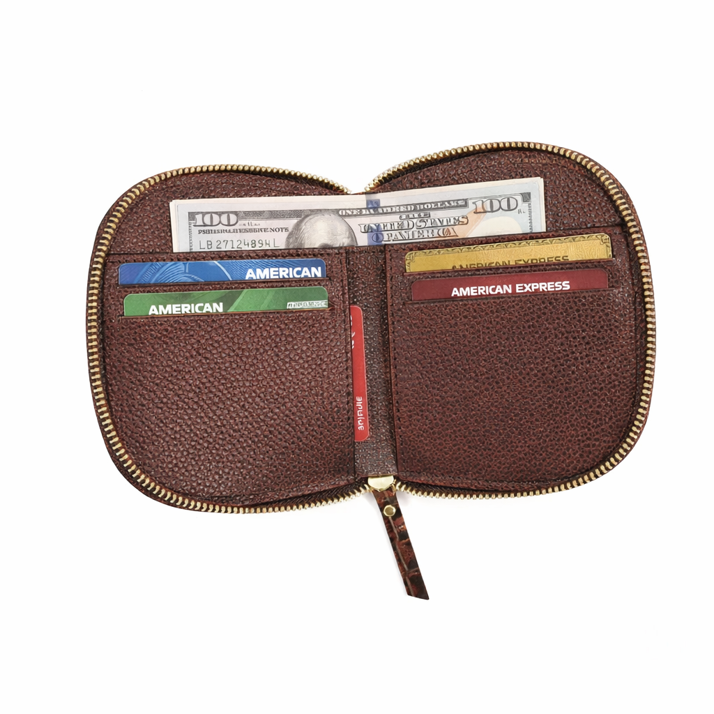 Zyra Elite Hand Burnished Croc Leather Womens Zip Around Wallet Open Filled Burnt Cognac