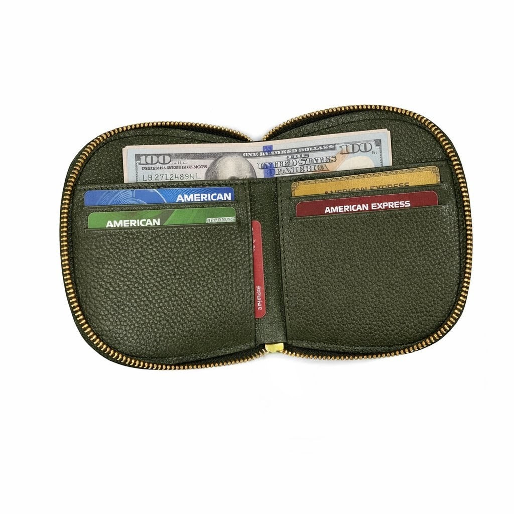 Zyra Elite Hand Burnished Croc Leather Womens Zip Around Wallet Open Filled Moss Green