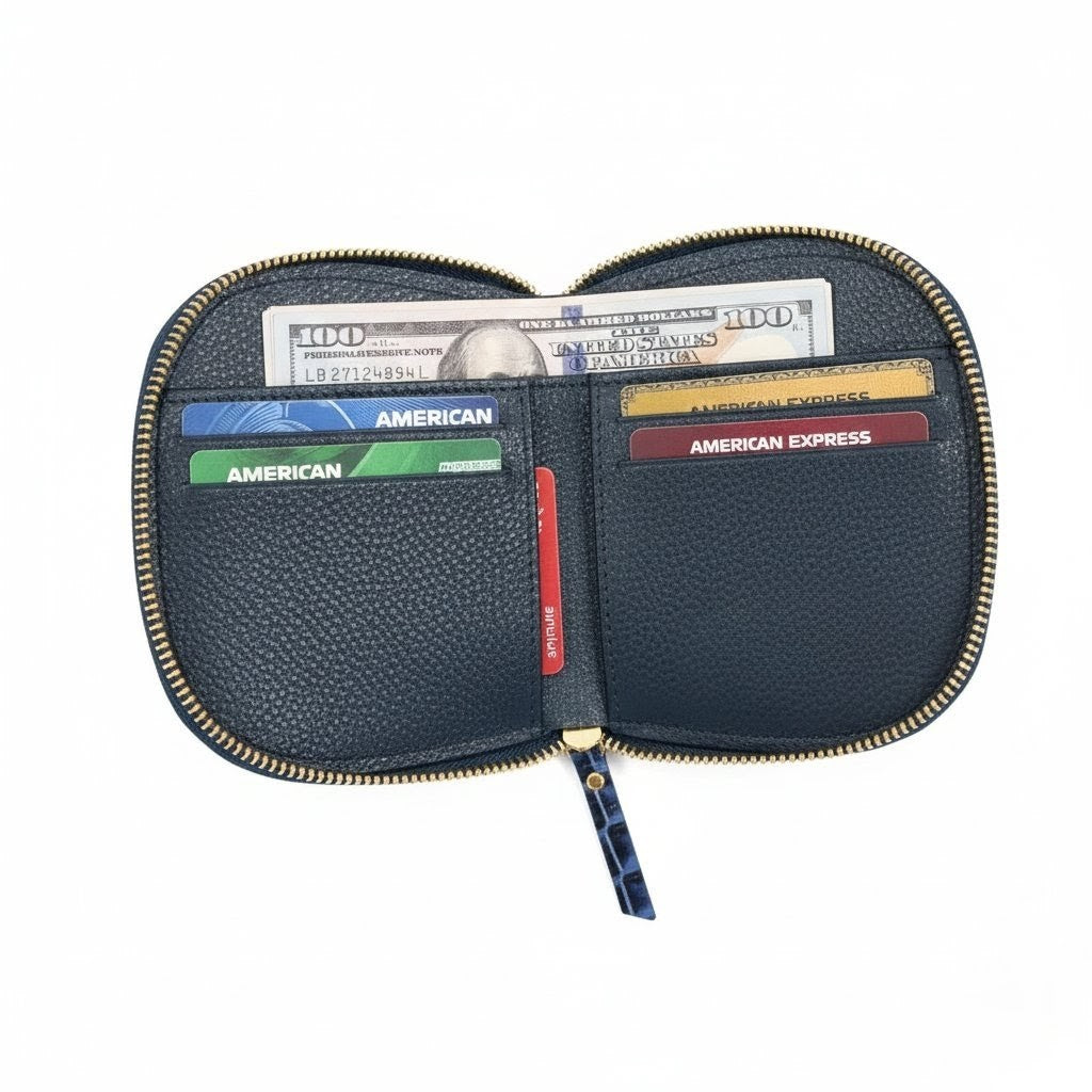 Zyra Elite Hand Burnished Croc Leather Womens Zip Around Wallet Open Filled Steel Blue