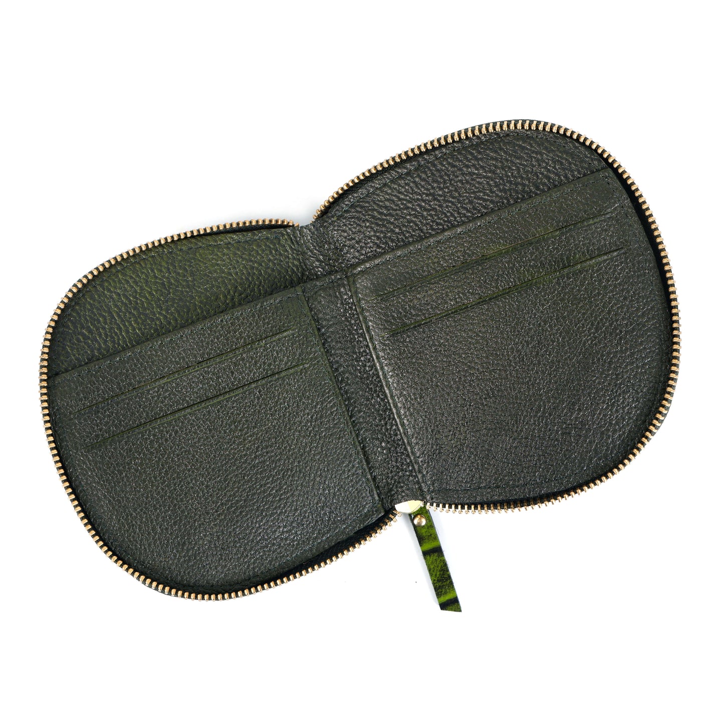 Zyra Elite Hand Burnished Croc Leather Womens Zip Around Wallet Open Moss Green