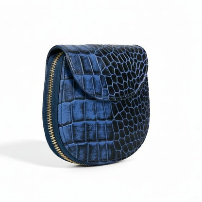 Zyra Elite Hand Burnished Croc Leather Womens Zip Around Wallet Side Steel Blue