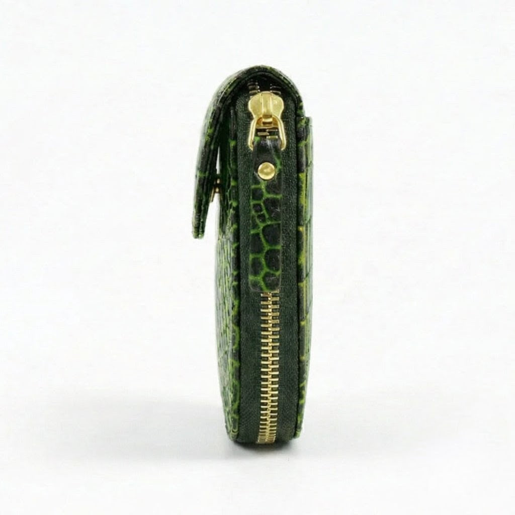 Zyra Elite Hand Burnished Croc Leather Womens Zip Around Wallet Side View Moss Green