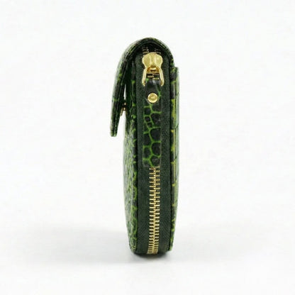 Zyra Elite Hand Burnished Croc Leather Womens Zip Around Wallet Side View Moss Green