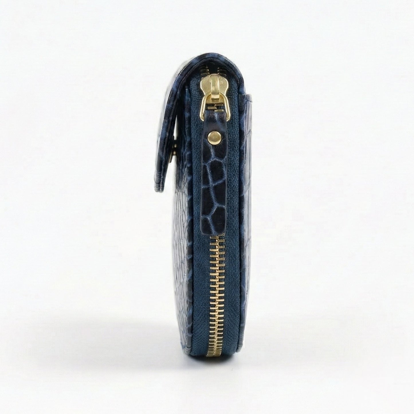 Zyra Elite Hand Burnished Croc Leather Womens Zip Around Wallet Side View Steel Blue