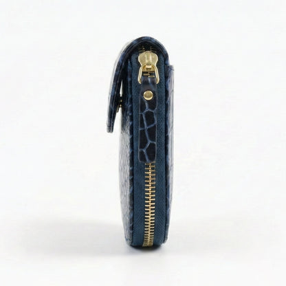 Zyra Elite Hand Burnished Croc Leather Womens Zip Around Wallet Side View Steel Blue