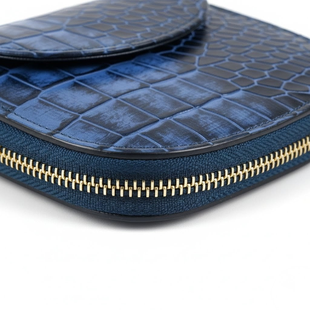 Zyra Elite Hand Burnished Croc Leather Womens Zip Around Wallet Zip Closeup Steel Blue