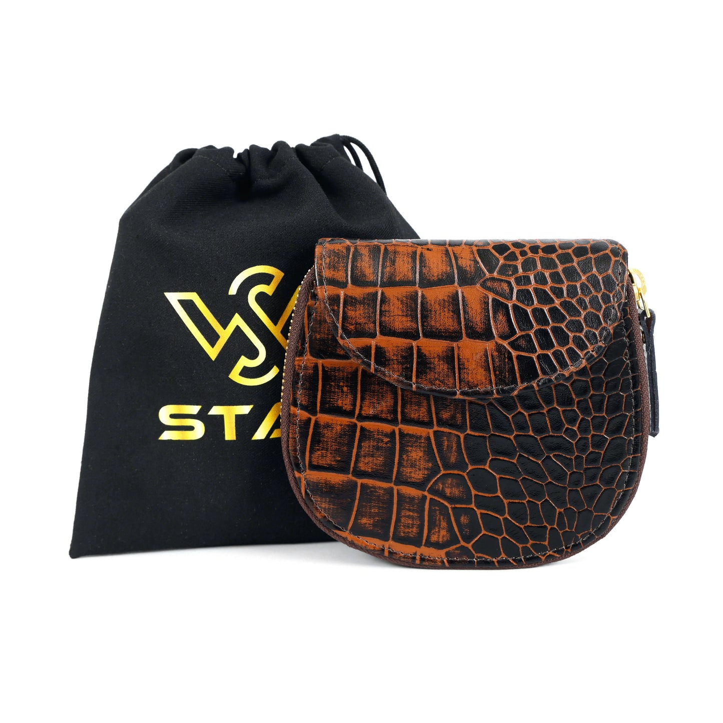 Zyra Elite Hand Burnished Croc Leather Womens Zip Around Wallet with Dustbag Burnt Cognac