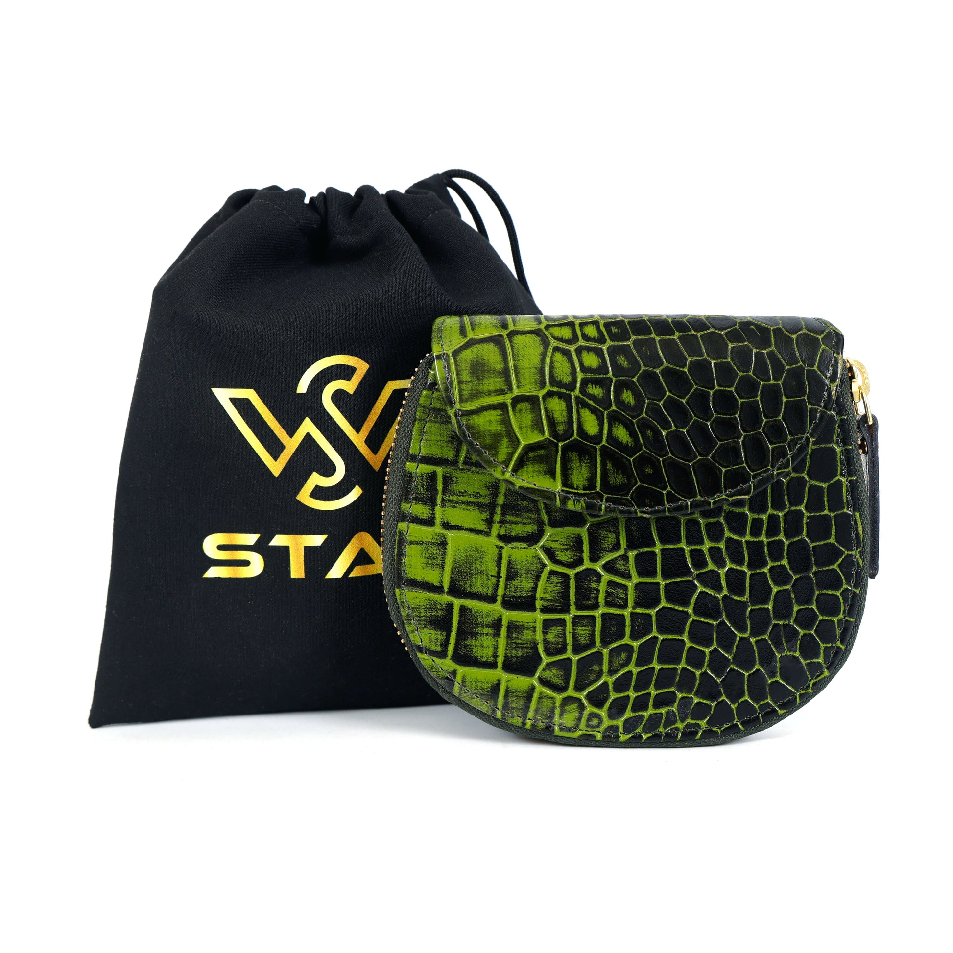 Zyra Elite Hand Burnished Croc Leather Womens Zip Around Wallet with Dustbag Moss Green