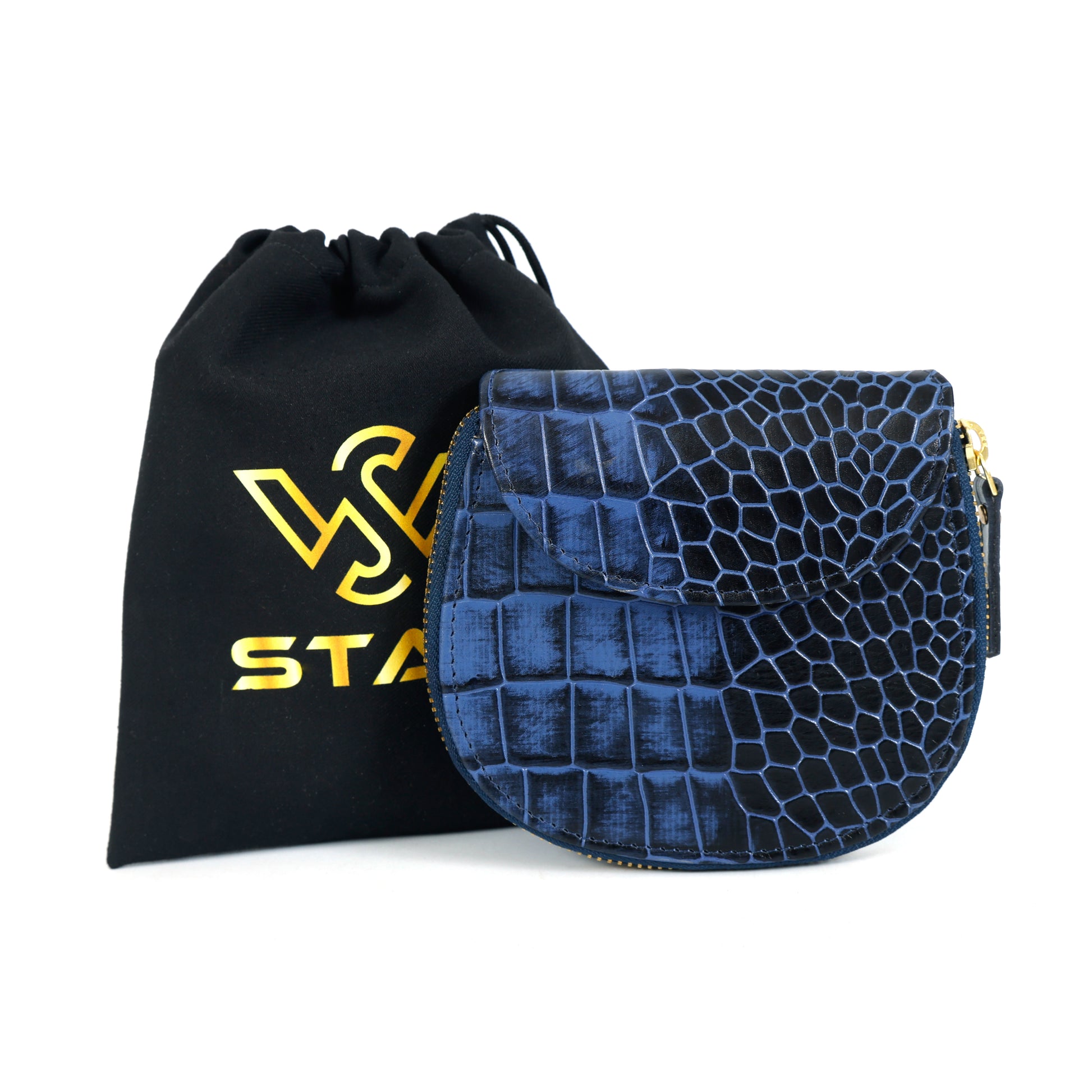 Zyra Elite Hand Burnished Croc Leather Womens Zip Around Wallet with Dustbag Steel Blue