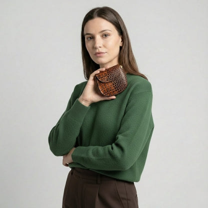 Zyra Elite Hand Burnished Croc Leather Womens Zip Around Wallet with Model Burnt Cognac