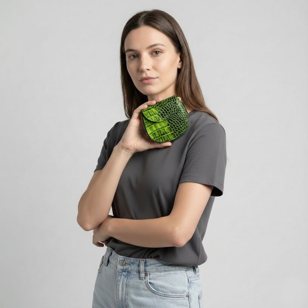 Zyra Elite Hand Burnished Croc Leather Womens Zip Around Wallet with Model Moss Green