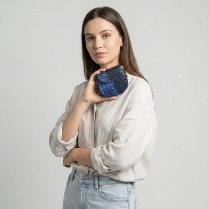 Zyra Elite Hand Burnished Croc Leather Womens Zip Around Wallet with Model Steel Blue