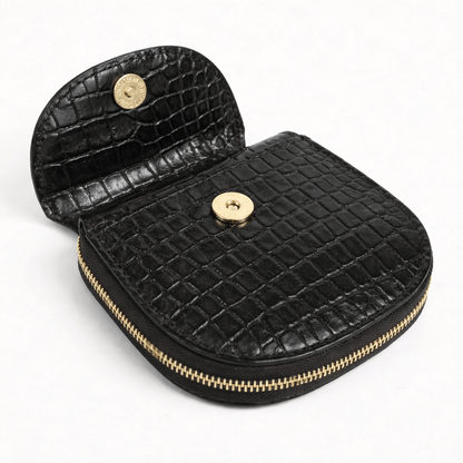 Zyra Women Zip Around Leather Wallet Open Magnetic Button Black