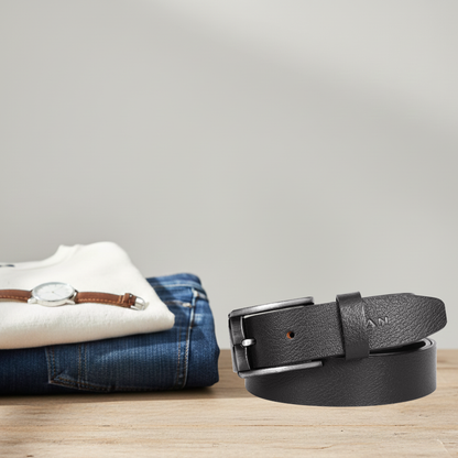 Ledger Leather Wallet & Forge Leather Belt Combo for Men (BLACK)