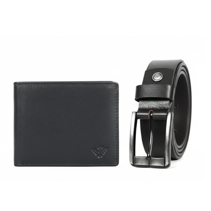 Ledger Leather Wallet & Forge Leather Belt Combo for Men (BLACK)